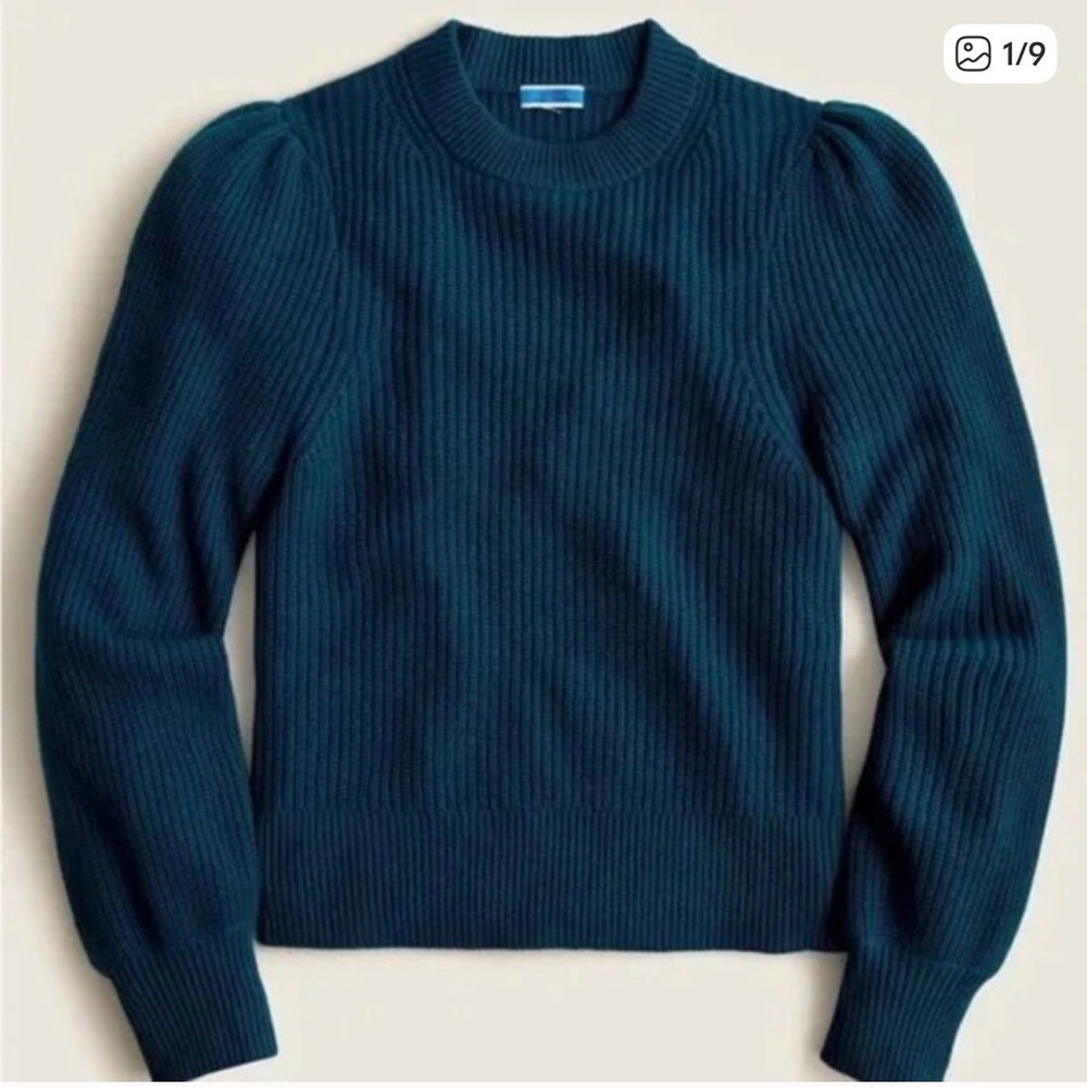 J. CREW Sweater Womens Large Blue 100% Cashmere Puff-sleeve Mockneck Sweater